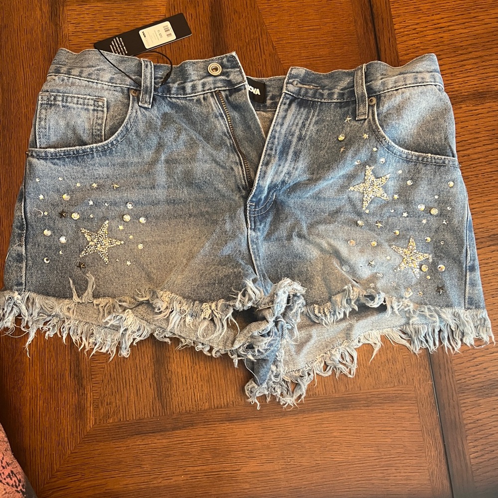 Fashion Nova Blue Jean Shorts with Star Embellishments